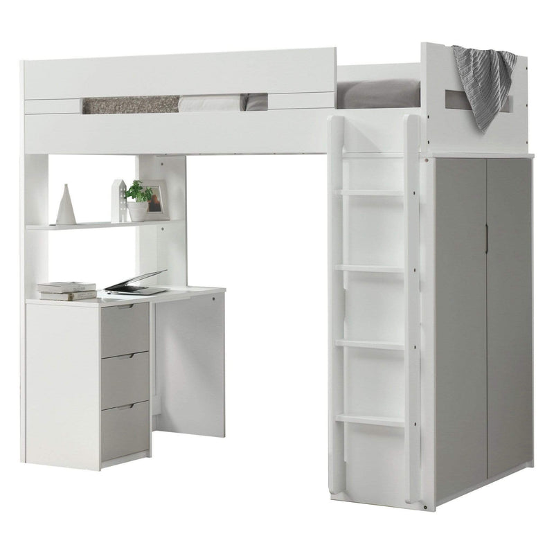 Beds Loft Bed with Desk - 78" X 41" X 70" White And Gray Laminated Veneer Lumber Loft Bed HomeRoots