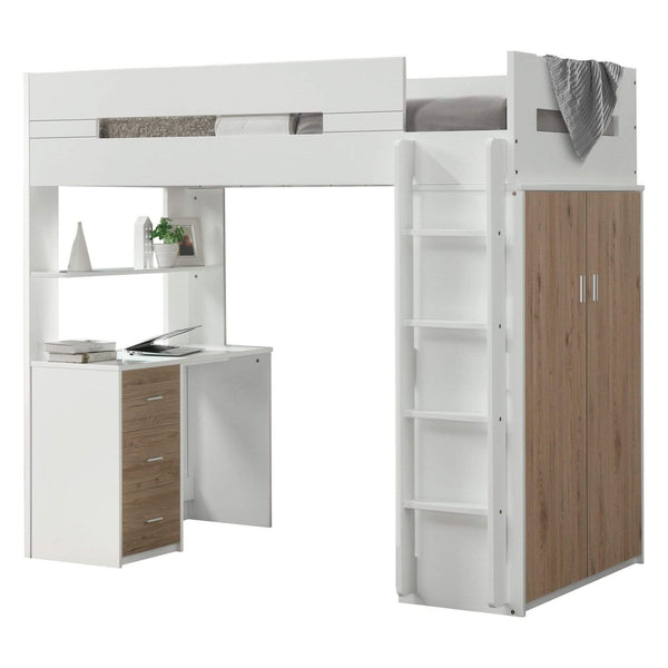 Beds Loft Bed with Desk - 78" X 41" X 70" White And Oak Laminated Veneer Lumber Loft Bed HomeRoots