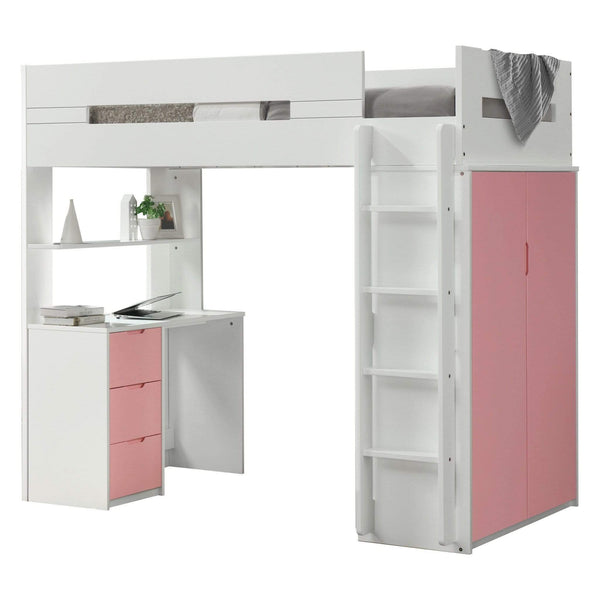 Beds Loft Bed with Desk - 78" X 41" X 70" White And Pink Laminated Veneer Lumber Loft Bed HomeRoots