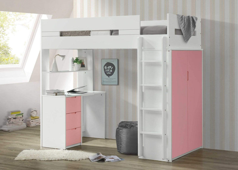 Beds Loft Bed with Desk - 78" X 41" X 70" White And Pink Laminated Veneer Lumber Loft Bed HomeRoots