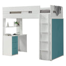 Beds Loft Bed with Desk - 78" X 41" X 70" White And Teal Laminated Veneer Lumber Loft Bed HomeRoots