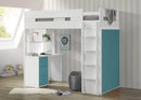 Beds Loft Bed with Desk - 78" X 41" X 70" White And Teal Laminated Veneer Lumber Loft Bed HomeRoots