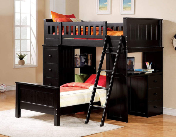 Beds Loft Bed with Desk - 79" X 42" X 66" Black Wood Loft Bed HomeRoots