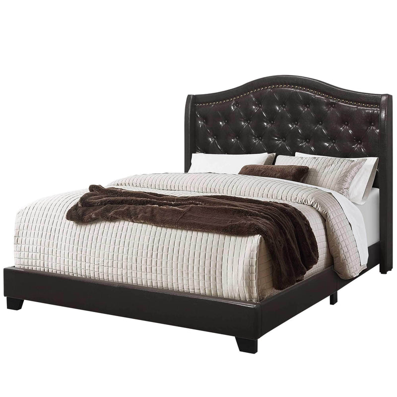 Beds Queen Bed Frame - 66'.5" x 87'.5" x 56'.5" Brown, Foam, Solid Wood, Leather-Look - Queen Size Bed With A Brass Trim HomeRoots