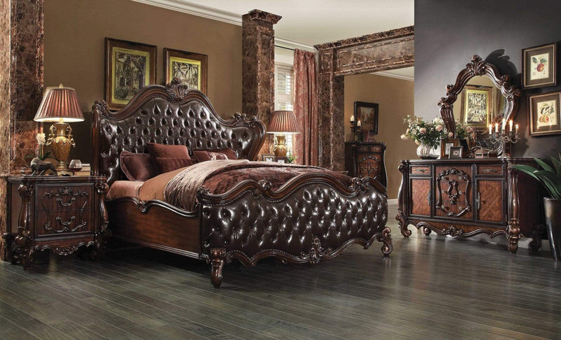 Beds Queen Bed Frame - 76" X 95" X 73" 2-Tone Dark Brown PU Cherry Oak Wood Poly Resin Upholstery Queen Bed HomeRoots