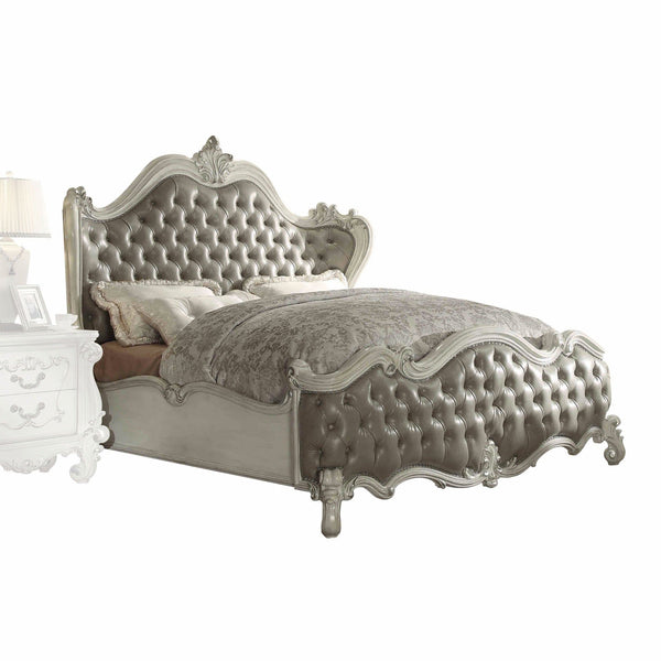 Beds Queen Bed Frame - 76" X 95" X 73" Vintage Gray PU Bone White Wood Poly Resin Upholstery Queen Bed HomeRoots