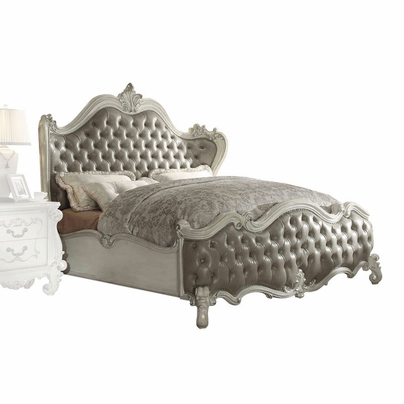 Beds Queen Bed Frame - 76" X 95" X 73" Vintage Gray PU Bone White Wood Poly Resin Upholstery Queen Bed HomeRoots