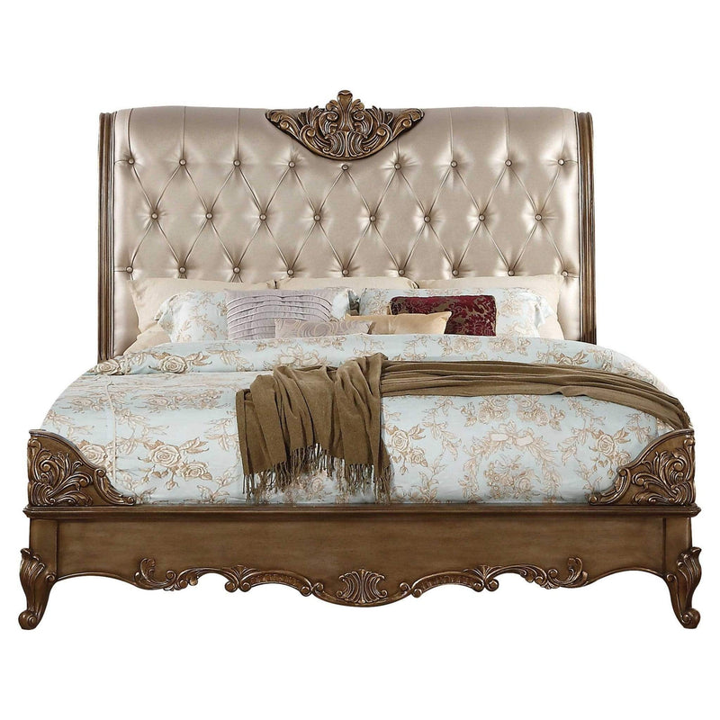 Beds Queen Size Bed Frame - 69" X 103" X 71" Champagne PU Antique Gold Wood Upholstered (HB) Queen Bed HomeRoots