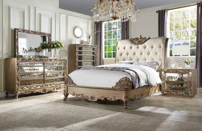 Beds Queen Size Bed Frame - 69" X 103" X 71" Champagne PU Antique Gold Wood Upholstered (HB) Queen Bed HomeRoots