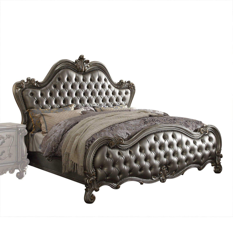 Beds Queen Size Bed Frame - 73" X 99" X 72" Silver PU Antique Platinum Upholstery Poly Resin Queen Bed HomeRoots