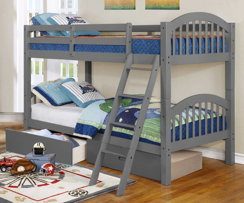 Beds Toddler Bed - 81'.25" X 42'.5" X 62'.5" Grey Solid and Manufactured Wood Twin/Twin Arched Wood Bunk Bed with 2 Drawers HomeRoots