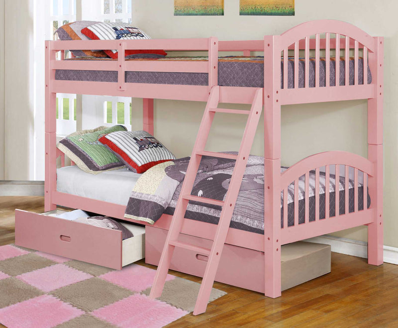 Beds Toddler Bed - 81'.25" X 42'.5" X 62'.5" Pink Solid and Manufactured Wood Twin/Twin Arched Wood Bunk Bed with 2 Drawers HomeRoots