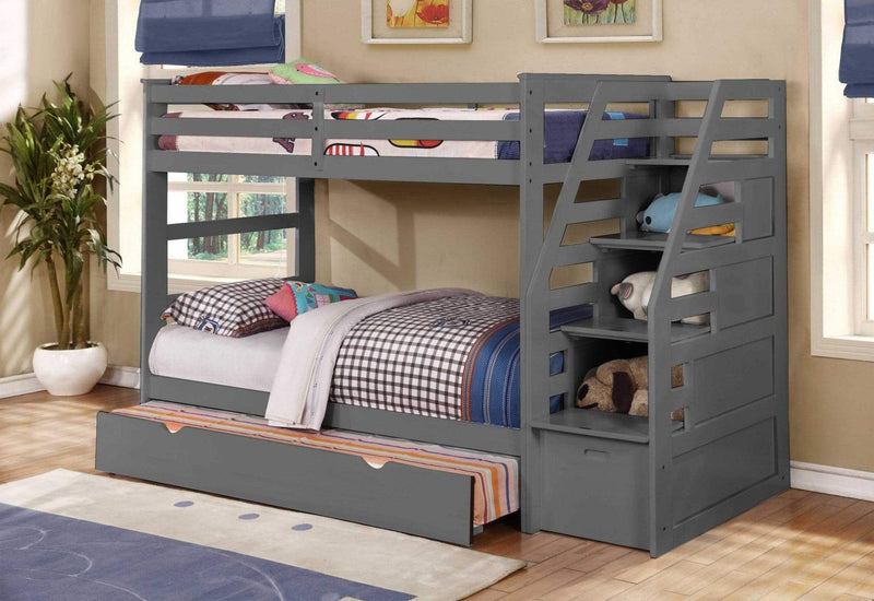 Beds Trundle Bed - 77'.75" X 43'.5" X 62'.5" Grey Manufactured Wood and Solid Wood Twin/Twin Staircase Bunk Bed with Trundle & Storage Steps HomeRoots