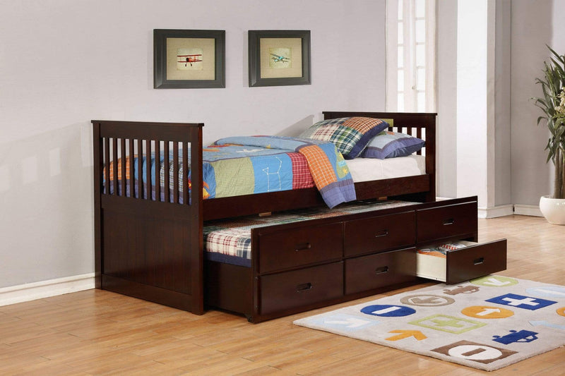 Beds Trundle Bed - 80" X 42" X 37" Brown Solid and Manufactured Wood Twin Captain Bed with Twin Trundle & 3 Drawers HomeRoots