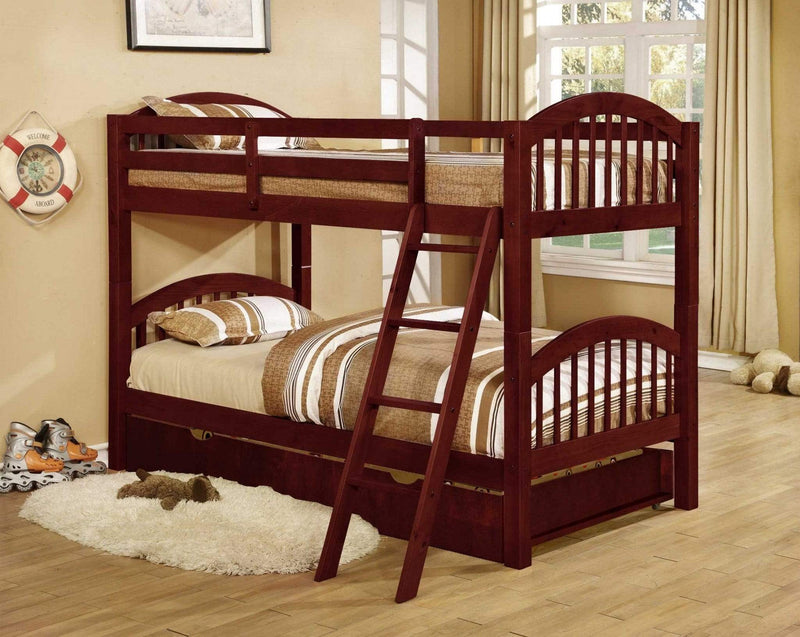 Beds Trundle Bed - 81'.25" X 42'.5" X 62'.5" Cherry Solid and Manufactured Wood Twin/Twin Arched Wood Bunk Bed with Trundle HomeRoots