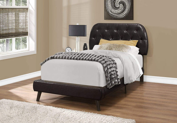 Beds Twin Bed Frame - 45.25" Brown Solid Wood, MDF, Foam, and Linen Twin Sized Bed with Wood Legs HomeRoots