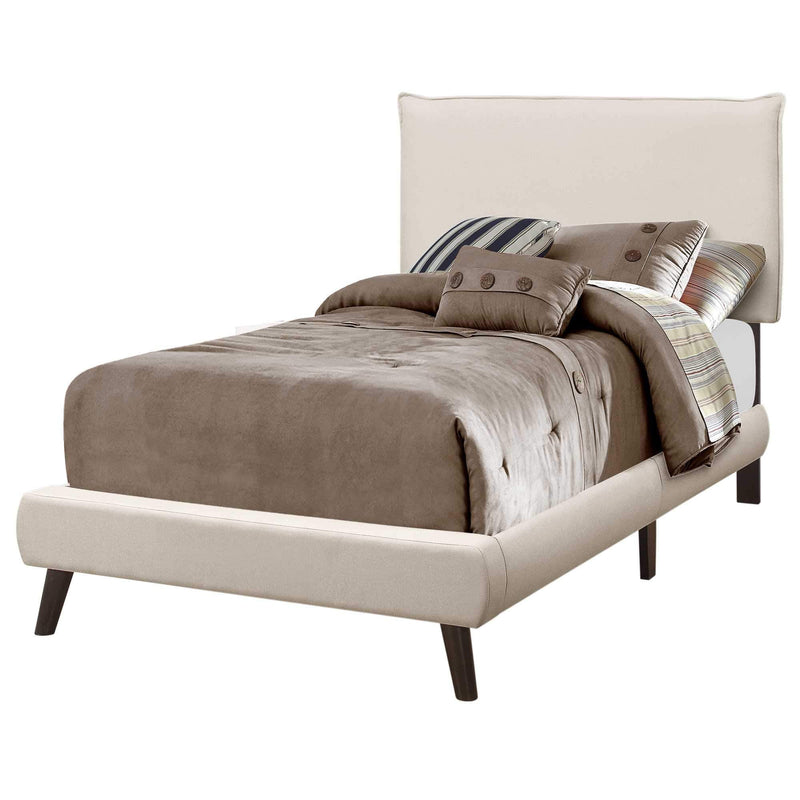 Beds Twin Bed Frame - 47.25" Beige Solid Wood, MDF, Foam, and Linen Twin Sized Bed with Wood Legs HomeRoots