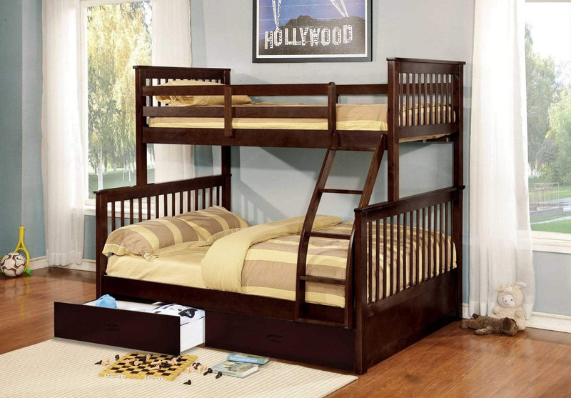 Beds Twin Over Full Bunk Bed - 80'.5" X 41'.5-57'.5" X 70'.25" Brown Manufactured Wood and Solid Wood Twin/Full Bunk Bed with 2 Drawers HomeRoots