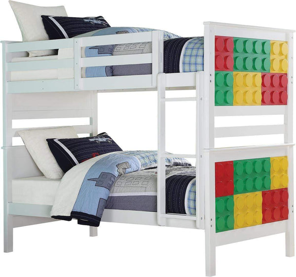 Beds Twin Over Twin Bunk Beds - 80" X 43" X 65" White & Multi-Color Twin Over Twin Playground Bunk Bed HomeRoots