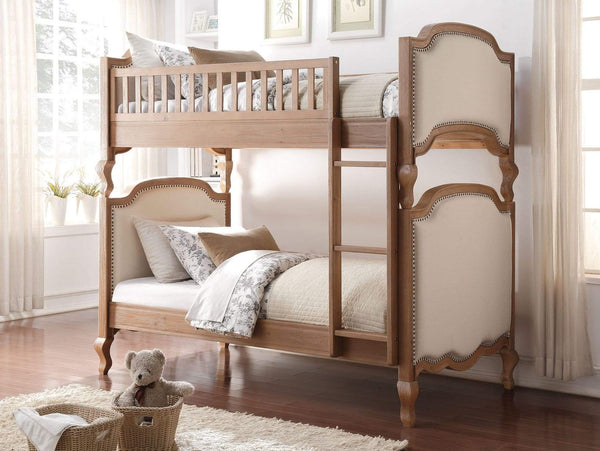 Beds Twin Over Twin Bunk Beds - 82" X 44" X 73" Twin Over Twin Cream Linen Salvage Oak Fabric Bunk Bed HomeRoots