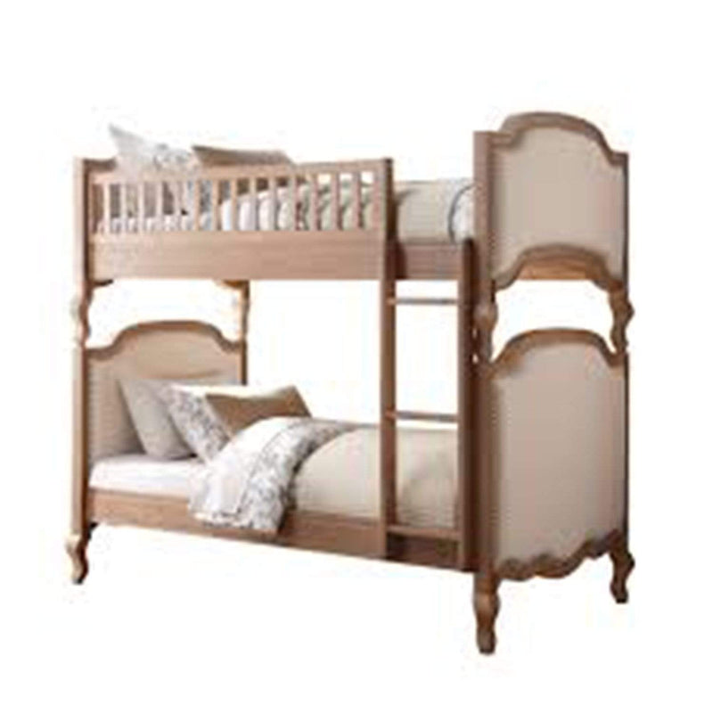 Beds Twin Over Twin Bunk Beds - 82" X 44" X 73" Twin Over Twin Cream Linen Salvage Oak Fabric Bunk Bed HomeRoots