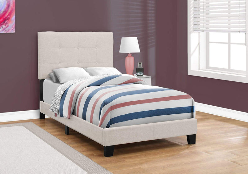 Beds Twin Size Bed Frame - 45.75" Beige Solid Wood, MDF, Foam, and Linen Twin Size Bed HomeRoots