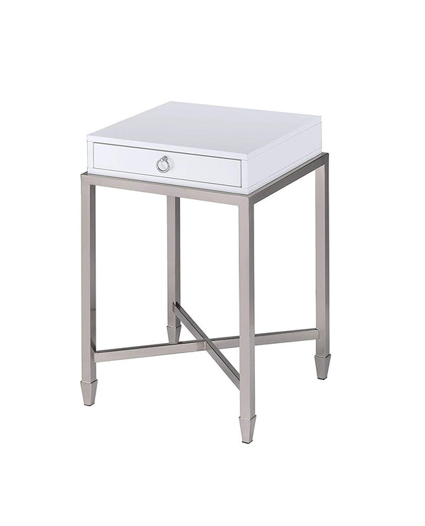 Belinut End Table, White & Brushed Nickel-Side Tables and End Tables-White & Nickel-Wood Poly Veneer Metal-JadeMoghul Inc.