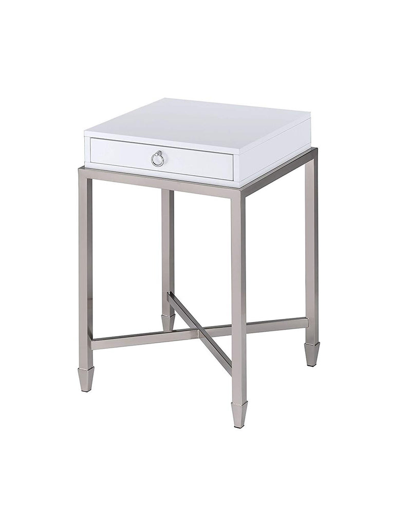 Belinut End Table, White & Brushed Nickel-Side Tables and End Tables-White & Nickel-Wood Poly Veneer Metal-JadeMoghul Inc.