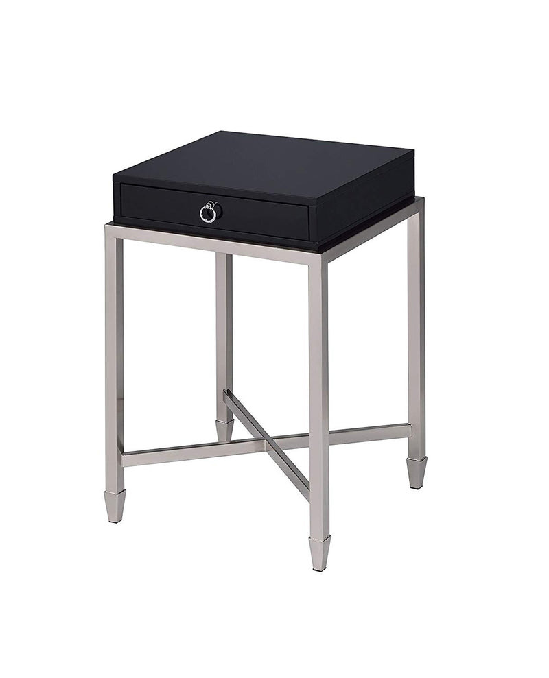 Belinut End Table With 1 Drawer, Black & Brushed Nickel-Side Tables and End Tables-Black & Nickel-Wood Poly Veneer Metal-JadeMoghul Inc.