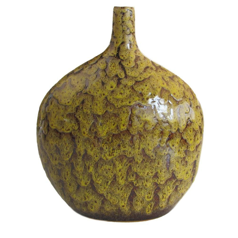 Bellied Ceramic Vase With Dripping Glazed Texture, Yellow and Brown-Vases-Yellow and Brown-Ceramic-JadeMoghul Inc.