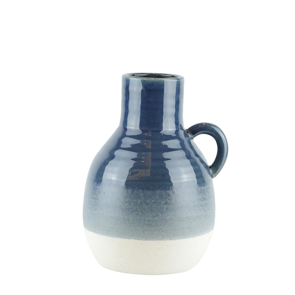 Bellied Jug Shape Ceramic Vase with Ribbed Pattern, Large, Blue and White-Vases-Blue and White-Ceramic-JadeMoghul Inc.
