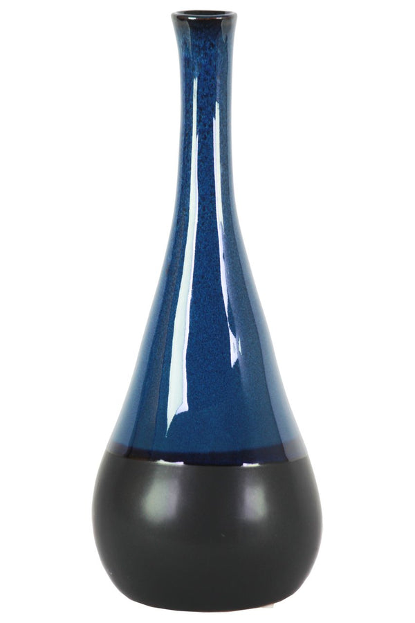 Bellied Stoneware Vase With Black Banded Rim, Large, Glossy Blue-Home Accent-Blue And Black-Stoneware-JadeMoghul Inc.