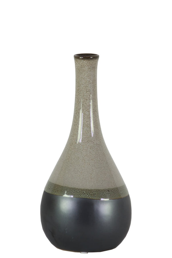 Bellied Stoneware Vase With Black Banded Rim, Small, Glossy Gray-Home Accent-Gray And Black-Stoneware-JadeMoghul Inc.