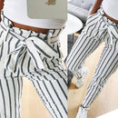 Belted High Waist Striped Pants-White-L-JadeMoghul Inc.