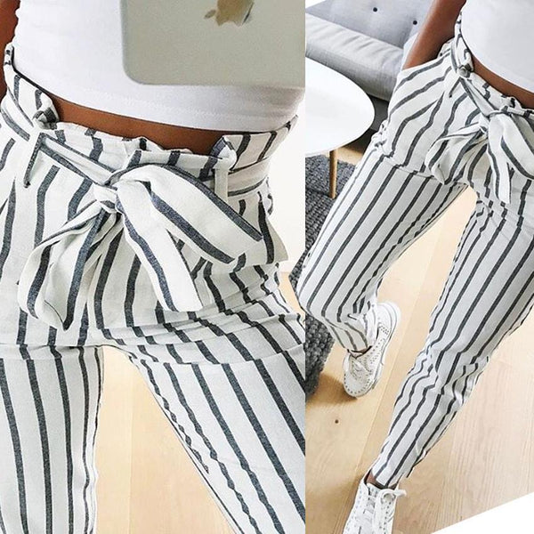 Belted High Waist Striped Pants-White-L-JadeMoghul Inc.