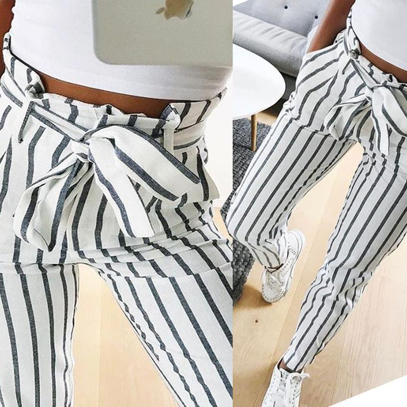 Belted High Waist Striped Pants-White-L-JadeMoghul Inc.