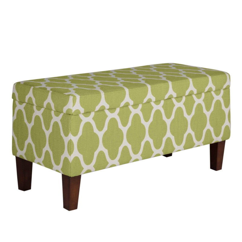 Benches Quatrefoil Print Fabric Upholstered Wooden Bench With Hinged Storage, Large, Green and Cream Benzara