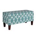 Benches Quatrefoil Print Fabric Upholstered Wooden Bench With Hinged Storage, Large, Teal Blue and Cream Benzara