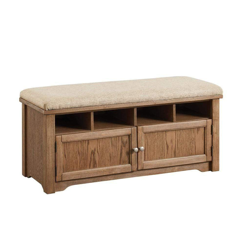 Benches Spacious Wooden Shoe Bench with Linen Upholstered Cushioned Seat, Beige and Brown Benzara