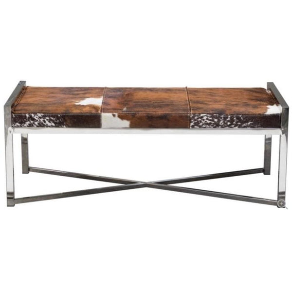Benches Steel Frame Bench with Hair On Hide Fabric Upholstered Seat, Multicolor Benzara