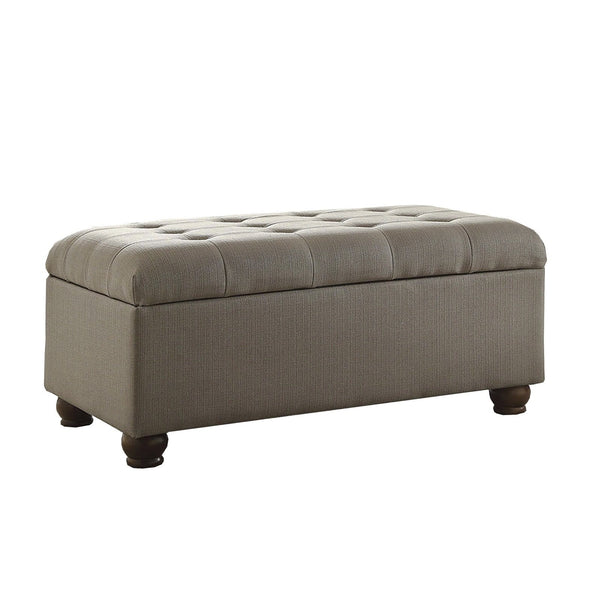 Textured Fabric Upholstered Button Tufted Storage Bench With Wooden Bun Feet, Gray and Brown