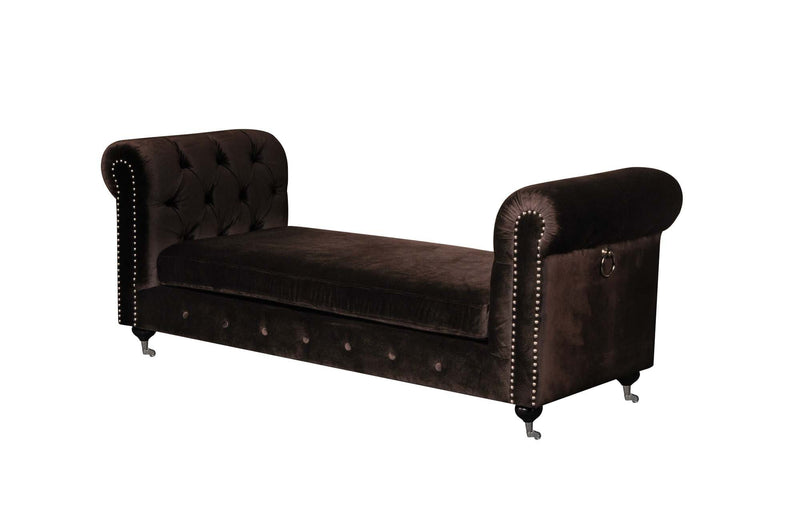 Benches Velvet Upholstered Bench with Nail Head Trim and Steel Casters, Brown and Silver Benzara