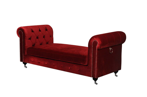 Benches Velvet Upholstered Bench with Nail Head Trim and Steel Casters, Red and Silver Benzara