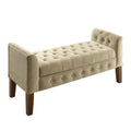 Benches Velvet Upholstered Button Tufted Wooden Bench Settee With Hinged Storage, Beige and Brown Benzara