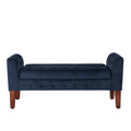 Benches Velvet Upholstered Button Tufted Wooden Bench Settee With Hinged Storage, Dark Blue and Brown Benzara