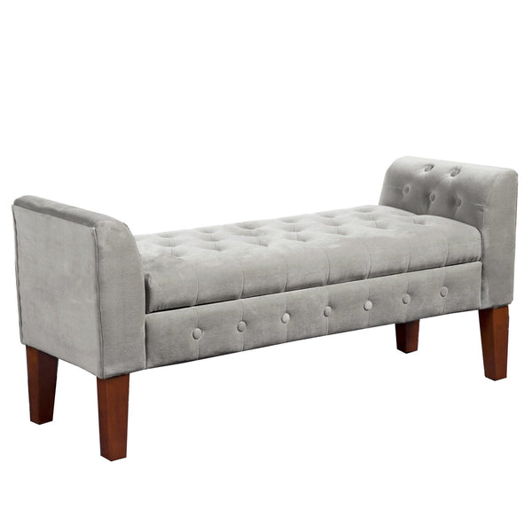 Benches Velvet Upholstered Button Tufted Wooden Bench Settee With Hinged Storage, Gray and Brown Benzara