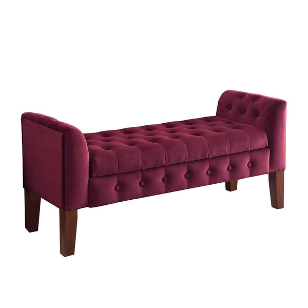 Benches Velvet Upholstered Button Tufted Wooden Bench Settee With Hinged Storage, Pink and Brown Benzara