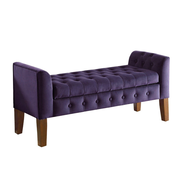 Benches Velvet Upholstered Button Tufted Wooden Bench Settee With Hinged Storage, Purple and Brown Benzara