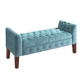 Benches Velvet Upholstered Button Tufted Wooden Bench Settee With Hinged Storage, Teal Blue and Brown Benzara