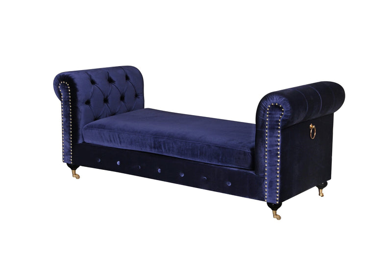 Benches Velvet Upholstered Wooden Bench with Button Tufting and Nail Head Trim, Blue and Gold Benzara